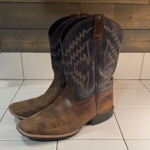 Ariat Kids Leather Square Tod Pull On Cowboy Western Boots Blue Brown Youth 4